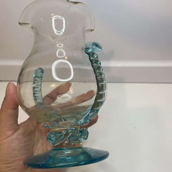 Vintage Hand blown Aqua Blue Glass Pedestal Vase With Applied Waves Handles - Picture 2 of 8